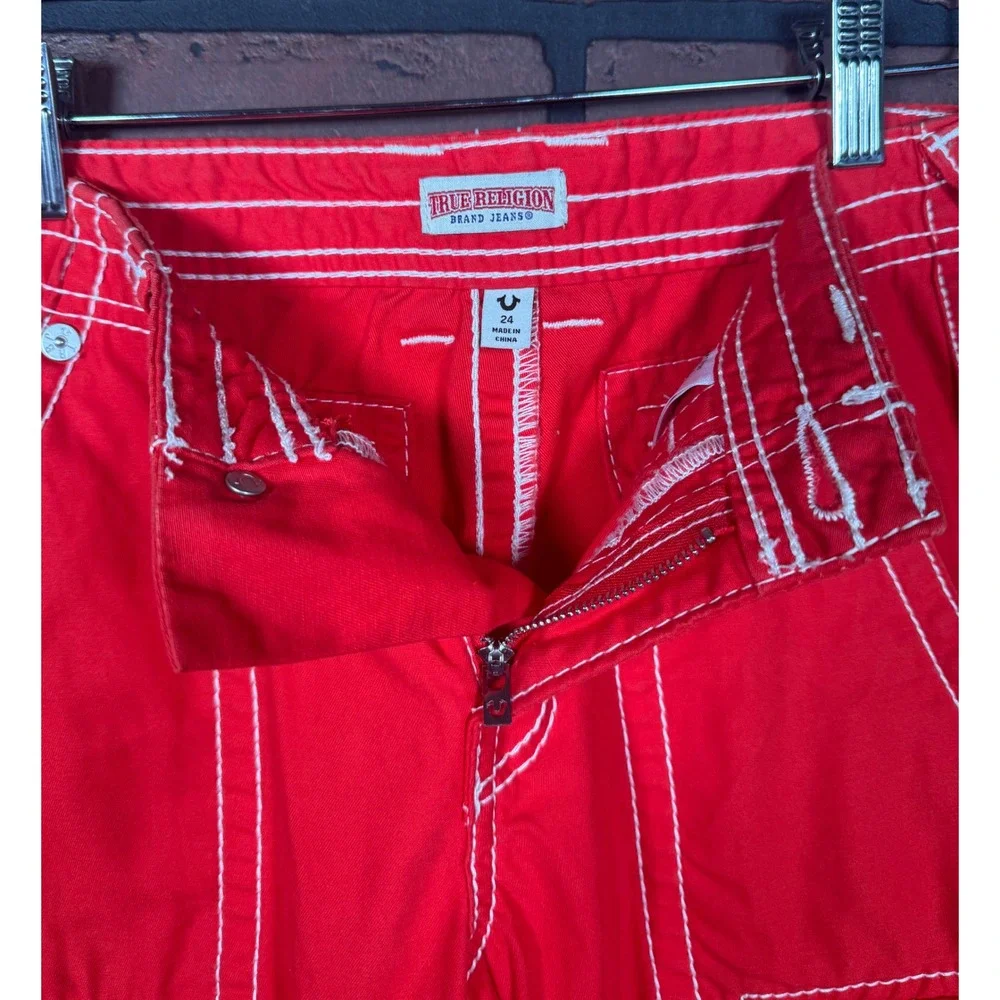 True Religion Cargo Big T Pants Red Military Streetwear Utility Cotton Womens 24